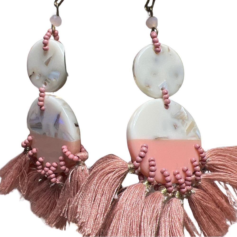 Lucite, Seedbead & Pink Fringe Earrings in the style of Anthropology